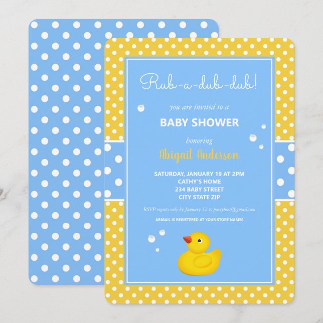 Invitación Polka de pato amarillo y azul puntos Baby Shower I (Anverso / Reverso)