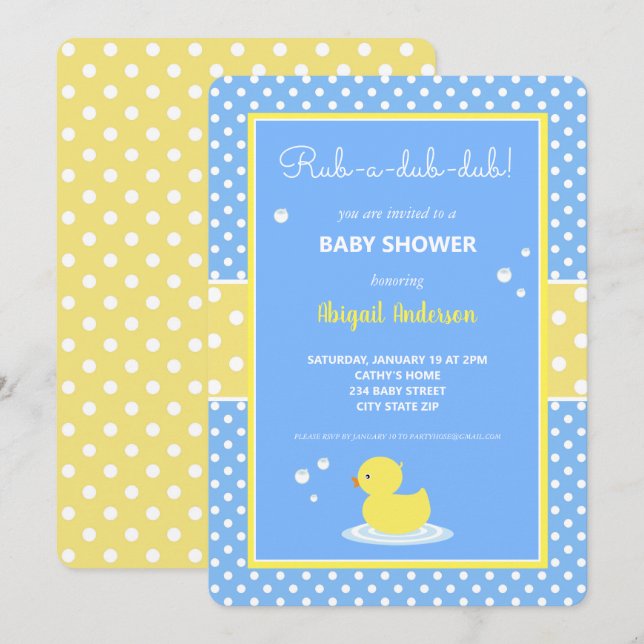 Invitación Polka de pato amarillo y azul puntos de Baby Showe (Anverso / Reverso)