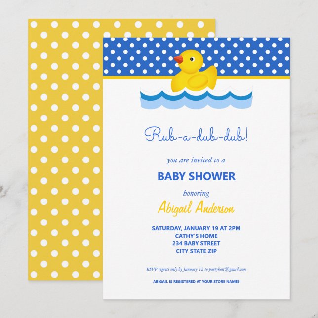 Invitación Polka de pato amarillo y azul puntos de Baby Showe (Anverso / Reverso)