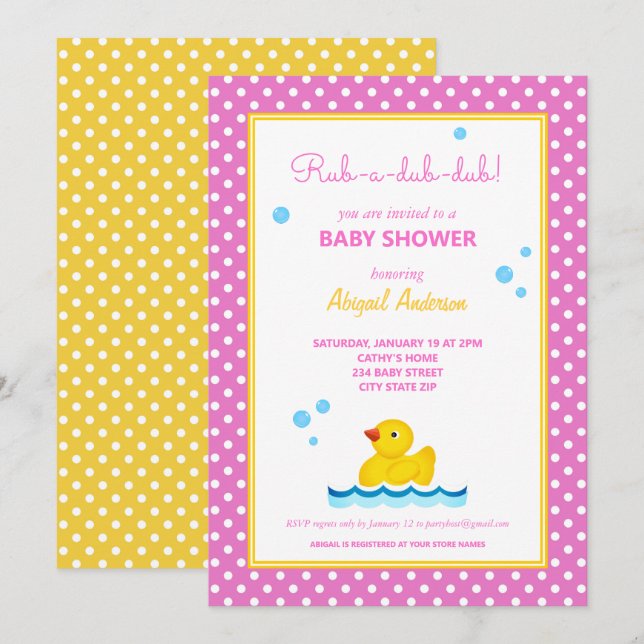 Invitación Polka de pato amarillo y rosa puntos de Baby Showe (Anverso / Reverso)