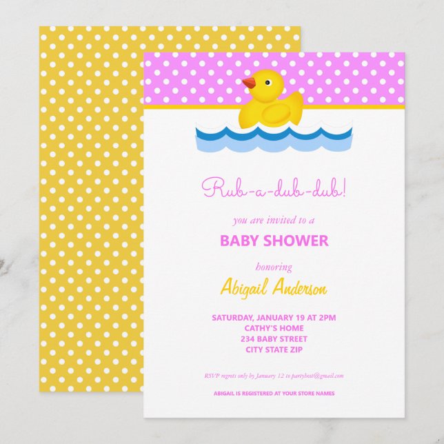 Invitación Polka de pato rosa y amarillo con puntos Baby Show (Anverso / Reverso)