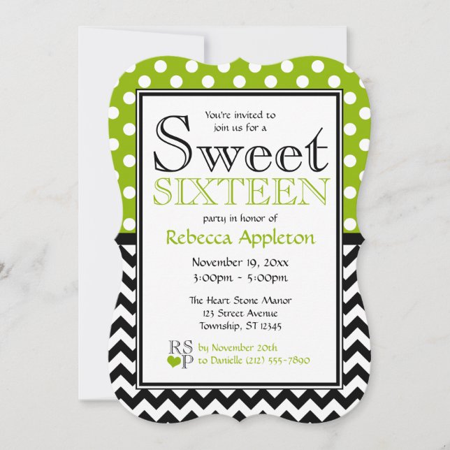Invitación Polka Dot Apple Chevron Verde dulce dieciséis (Anverso)