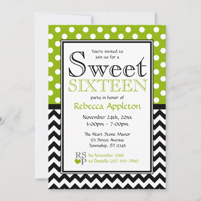 Invitación Polka Dot Apple Chevron Verde dulce dieciséis (Anverso)