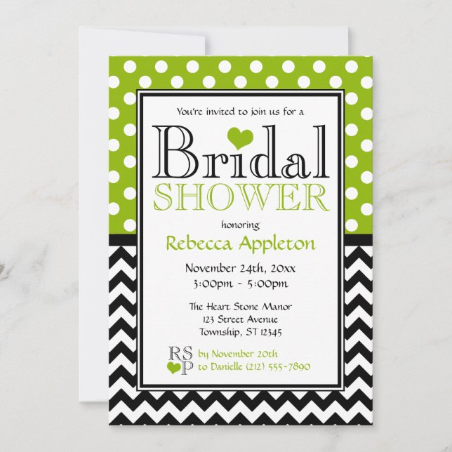 Invitación Polka Dot Apple Green & Chevron Bridal Shower (Anverso)