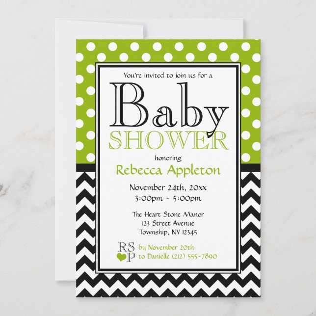 Invitación Polka Dot Apple Green y Chevron Baby Shower (Anverso)