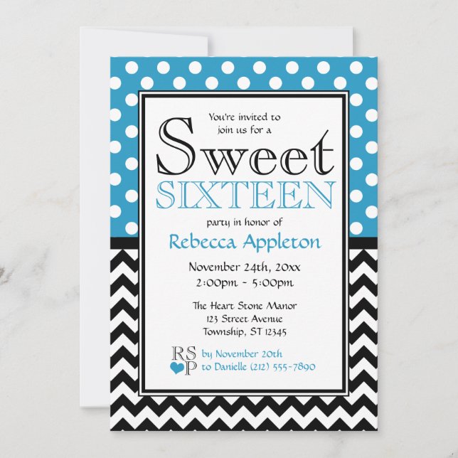 Invitación Polka Dot Blue & Chevron Sweet Dieciséis Invitacio (Anverso)