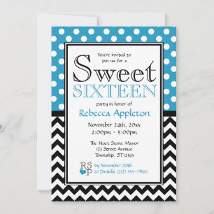 Invitación Polka Dot Blue & Chevron Sweet Dieciséis Invitacio