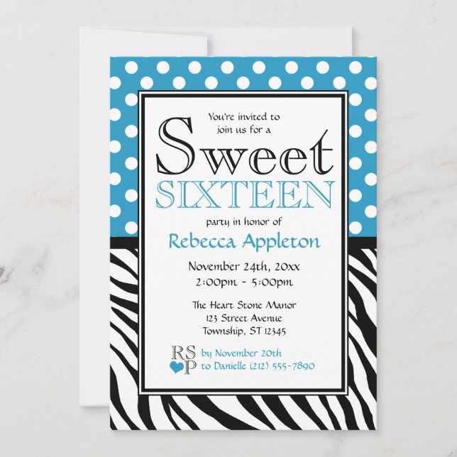Invitación Polka Dot Blue & Zebra Imprimir dulce Dieciséis (Anverso)