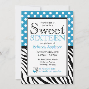 Invitación Polka Dot Blue & Zebra Imprimir dulce Dieciséis