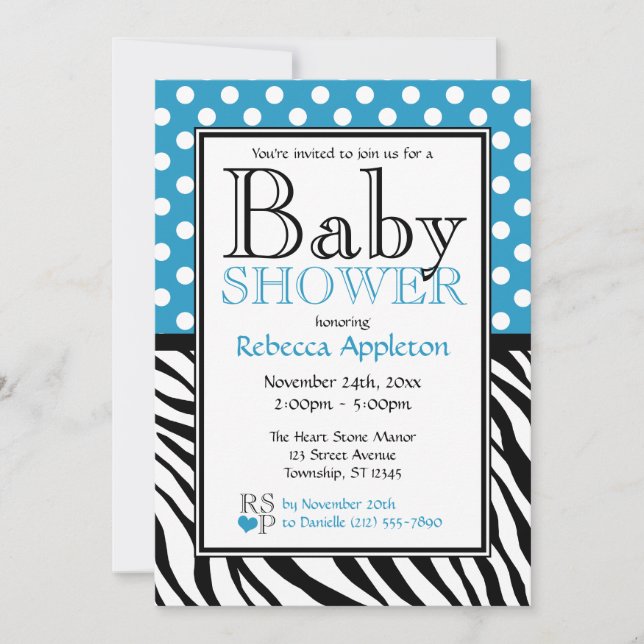 Invitación Polka Dot Blue & Zebra Print Baby Shower (Anverso)