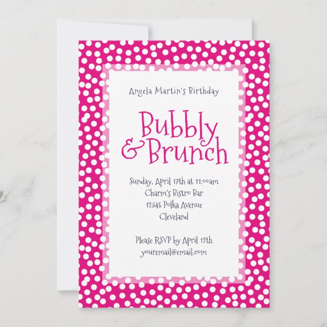 Invitación Polka Dot Bubbly y Brunch Hot Pink (Anverso)