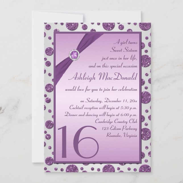 Invitación Polka Dot dulce Purpurina plata y morado dieciséis (Anverso)