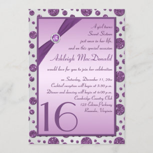 Invitación Polka Dot dulce Purpurina plata y morado dieciséis