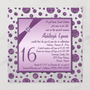 Invitación Polka Dot dulce Purpurina plata y morado dieciséis