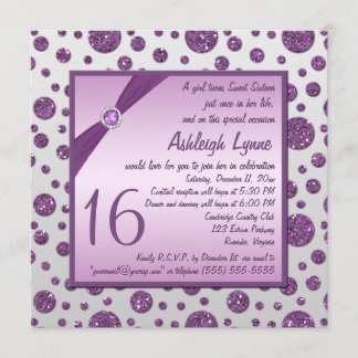 Invitación Polka Dot dulce Purpurina plata y morado dieciséis