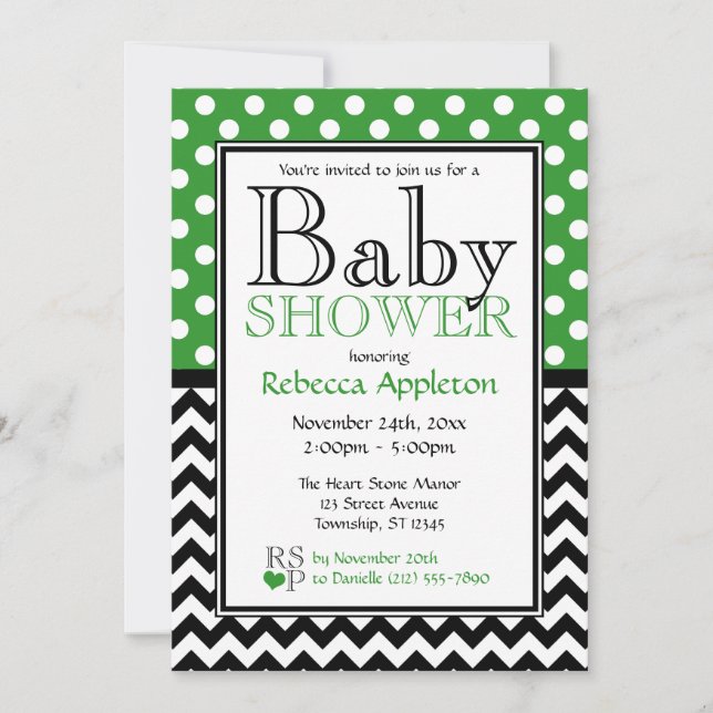 Invitación Polka Dot Green y Chevron Baby Shower (Anverso)