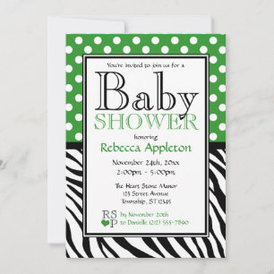 Invitación Polka Dot Green y Zebra Print Baby Shower