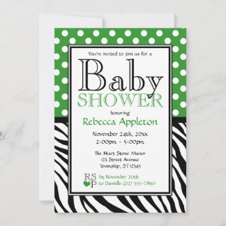 Invitación Polka Dot Green y Zebra Print Baby Shower