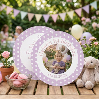 Invitación Polka Dot Lavender 1st Birthday Photo Invitation