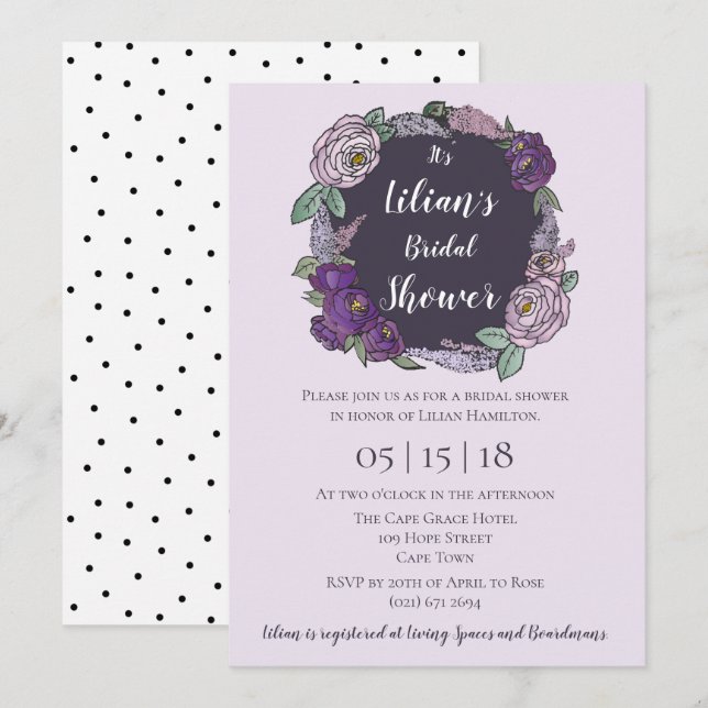 Invitación Polka Dot Lilac & Lavender Floral Bridal Shower (Anverso / Reverso)
