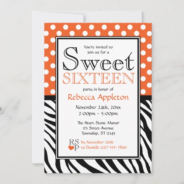 Invitación Polka Dot Naranja y Zebra Imprimir dulce Dieciséis (Anverso)