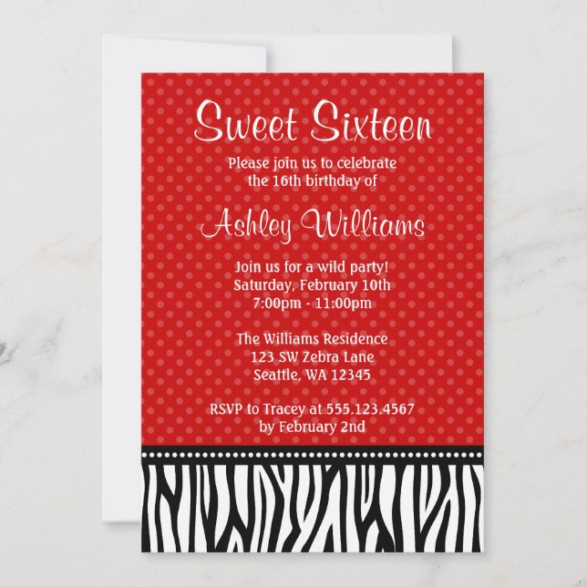 Invitación Polka Dot negro y rojo 16 (Anverso)