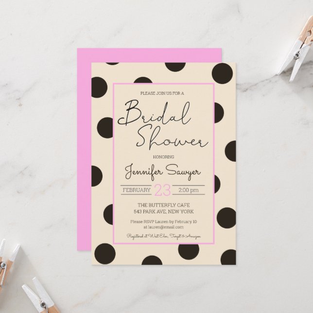 Invitación Polka Dot Neutral Black Pink Bridal Shower Invitat (Anverso/Reverso In Situ)