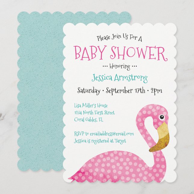 Invitación Polka Dot Pink Flamingo Baby Shower (Anverso / Reverso)