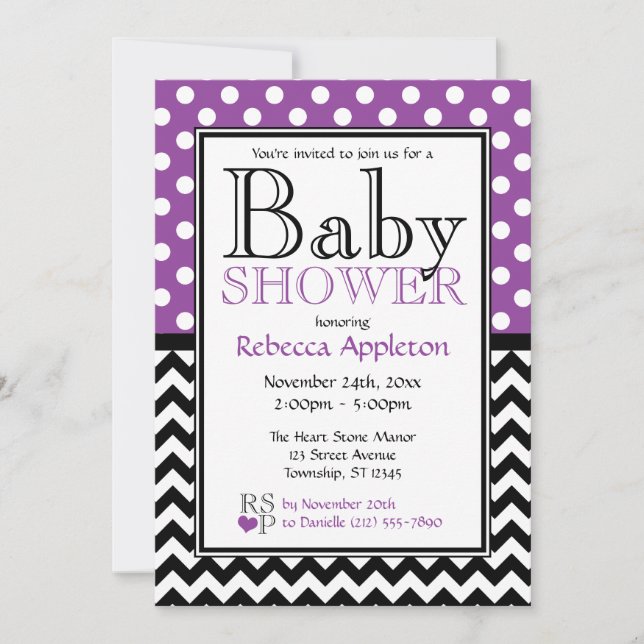Invitación Polka Dot Purple & Chevron Baby Shower (Anverso)