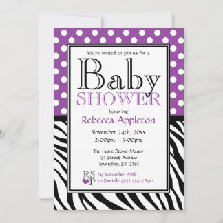 Invitación Polka Dot Purple & Zebra Print Baby Shower