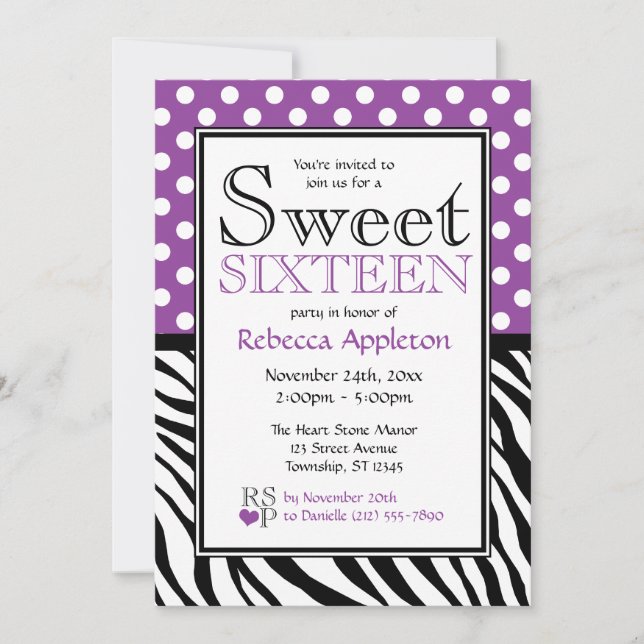 Invitación Polka Dot Purple & Zebra Print Sweteen (Anverso)