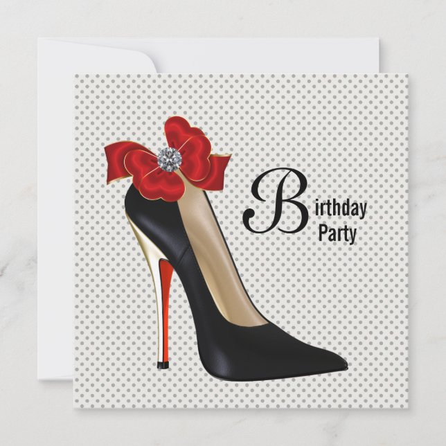 Invitación Polka Dot Red Black High Heel Shoel Fiesta de cump (Anverso)