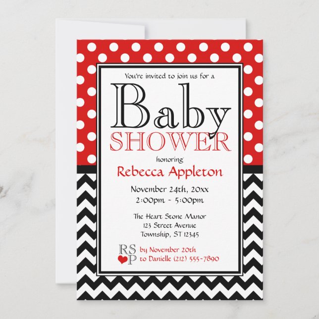 Invitación Polka Dot Red & Chevron Baby Shower (Anverso)