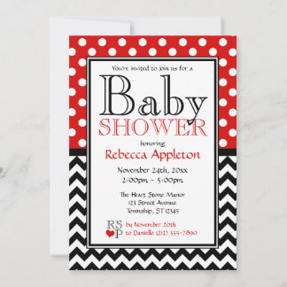 Invitación Polka Dot Red & Chevron Baby Shower
