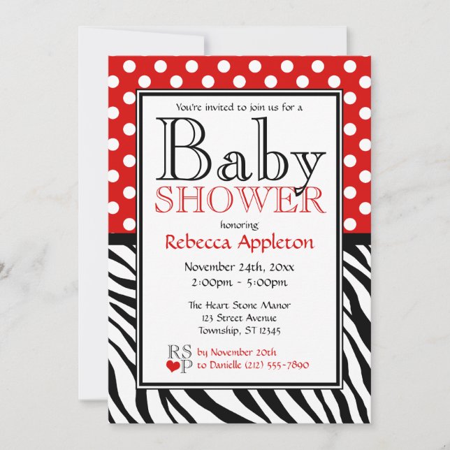 Invitación Polka Dot Red & Zebra Print Baby Shower (Anverso)