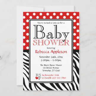 Invitación Polka Dot Red & Zebra Print Baby Shower