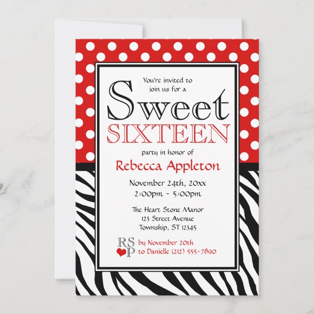Invitación Polka Dot Rojo & Zebra Imprimir dulce Dieciséis (Anverso)