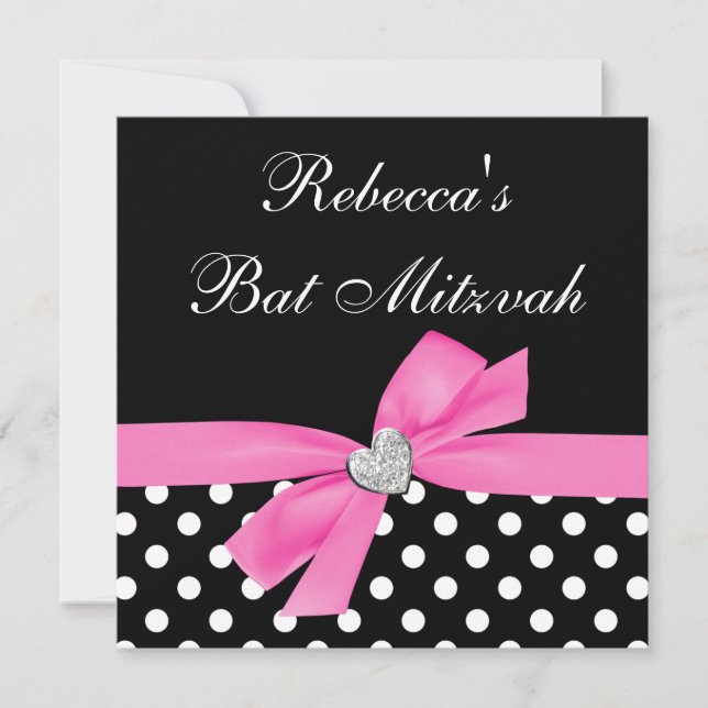 Invitación Polka Dot Rosa Black Bow Heart Bat Mitzvah (Anverso)