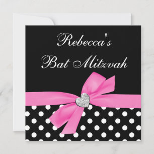 Invitación Polka Dot Rosa Black Bow Heart Bat Mitzvah