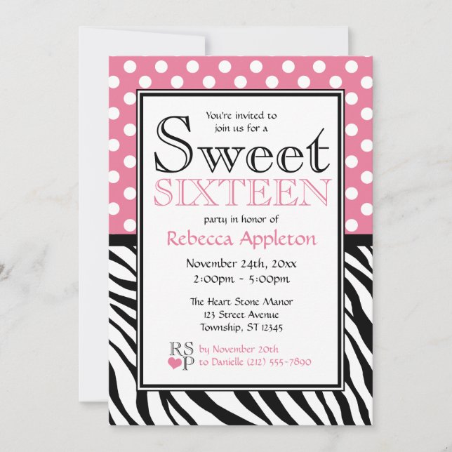 Invitación Polka Dot Rosa & Zebra Imprimir dulce Dieciséis (Anverso)