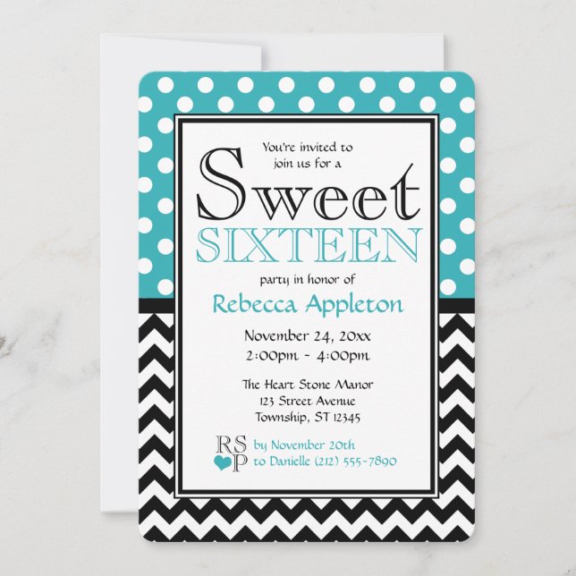 Invitación Polka Dot Turquesa & Chevron Dulce Dieciséis (Anverso)