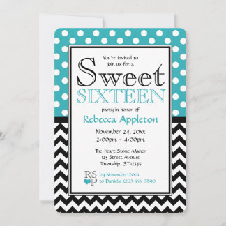 Invitación Polka Dot Turquesa & Chevron Dulce Dieciséis