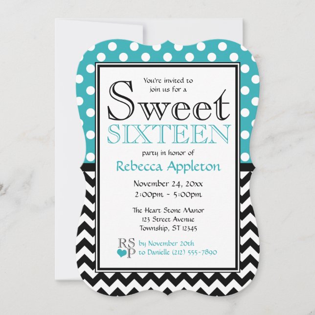 Invitación Polka Dot Turquesa & Chevron Dulce Dieciséis (Anverso)