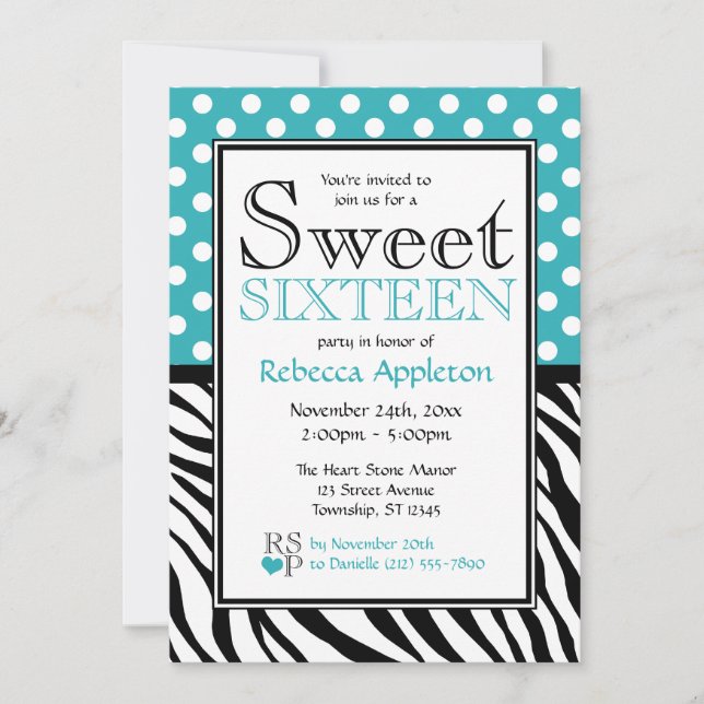 Invitación Polka Dot Turquesa & Zebra Impresión Dulce Diecisé (Anverso)
