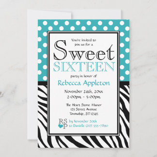 Invitación Polka Dot Turquesa & Zebra Impresión Dulce Diecisé