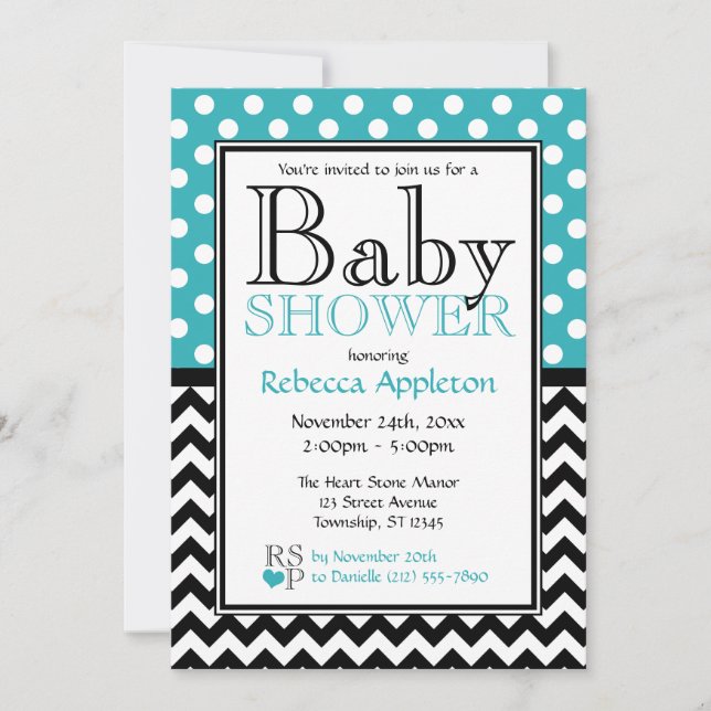 Invitación Polka Dot Turquoise & Chevron Baby Shower (Anverso)