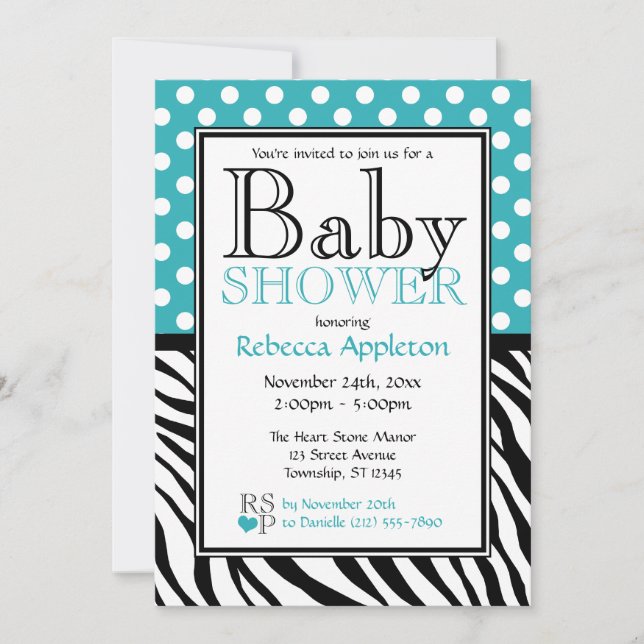 Invitación Polka Dot Turquoise & Zebra Print Baby Shower (Anverso)