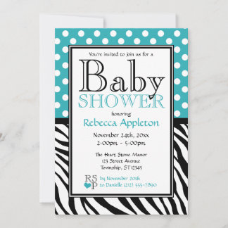 Invitación Polka Dot Turquoise & Zebra Print Baby Shower