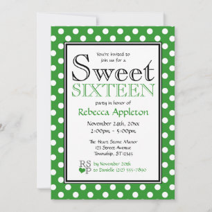 Invitación Polka Dot Verde y Dulce Blanco Dieciséis Invitacio