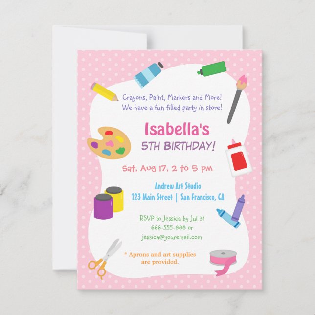 Invitación Polka Dots Arts and Crafts Kids Birthday Fiesta (Anverso)